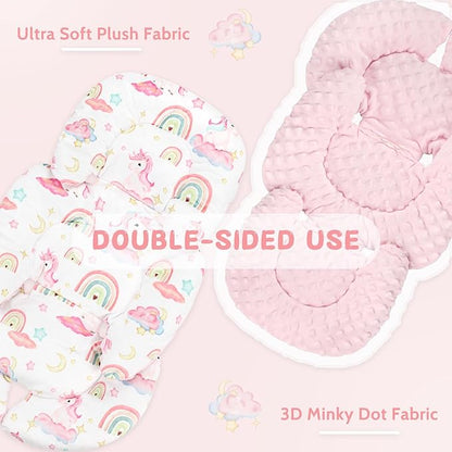 Pea Pod Infant Car Seat Insert with Strap Covers, All in One Reversible Baby Car Seat Head Support for Newborn, 3D Soft Minky Carseat Cushion for Preemie to Infant, Stroller, Swing, Bouncer, Unicorn