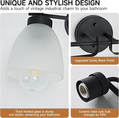 16 Inch Mid-Century Modern Vanity Lights, 2-Light Black Bathroom Light Fixture with Frosted White Bell Shades, Industrial Wall Sconce for Mirror Over Vanity, Bedroom, Hallway (2 Pack)