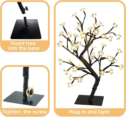 PEIDUO 17.5 Inch Lighted Cherry Blossom Tree, 48 Warm White Lights Plug in Adapter, Light up Bonsai Tree for Christmas Indoor Home Bedroom Living Room, Tabletop Decor Night Light Artificial Tree