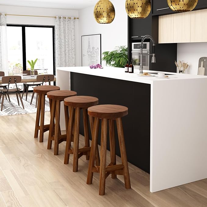 Bar Stool with Round Seat for Kitchen Island Counter, Solid Teak Wood Barstool in Espresso Finish, Home Bar Furniture, 29-Inch Height