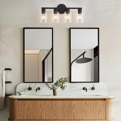4 Light Bathroom Vanity Light, Matte Black Bathroom Light Fixtures with Clear Glass Shade, 4-Light Vanity Lights, Black Lighting Fixtures for Bath Mirror Bedroom Living Room Hallway Porch