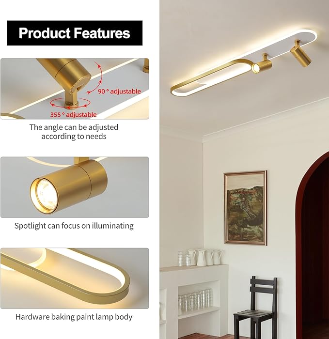 Modern LED Ceiling Light with 2 Spotlights 39.3in Linear Ceiling Light 50w with Remote Control Dimmable(3000-6000k) Gold Long Ceiling lamp for Bedroom Kitchen Restaurant Laundry Room Office