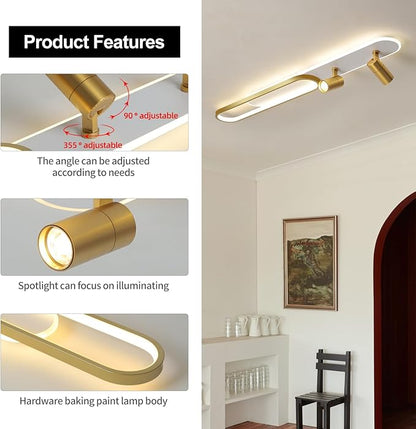 Modern LED Ceiling Light with 2 Spotlights 39.3in Linear Ceiling Light 50w with Remote Control Dimmable(3000-6000k) Gold Long Ceiling lamp for Bedroom Kitchen Restaurant Laundry Room Office