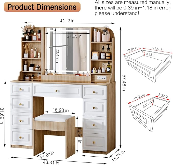 43" Makeup Vanity Desk with Mirror and Lights, & Power Outl, Glass Top Big Vanity Table with 9 Drawers& 8 Storage Shelves, Dressing Table Set with Chair for Bedroom, White+Oak