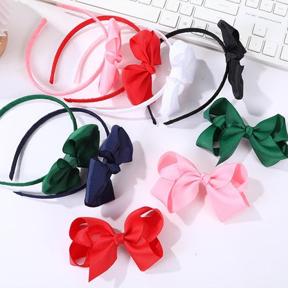 Bow Headband & 2 Pcs 4 Inch Hair Bows Set, Black School Hair Accessories for Little Toddler School Girls (Navy)