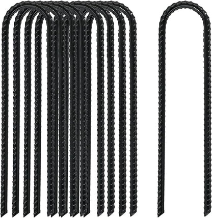 12 Inch Rebar Stakes Heavy Duty, 10 Pack Garden Stake U-Hook, Electrostatic Rust Proof Metal Stakes for Tent, Landscape,Outdoor Decorations, Fabric Ground Cover, Tube Fixing (Black, U-12in-10pc)
