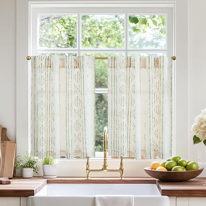 jinchan Boho Kitchen Curtains Linen Cafe Tier Curtains 36 Inch Bohemian Geometric Striped Mudcloth Small Window Drapes for Living Room Bathroom Light Filtering Back Tab 2 Panels Sage Green on Flax