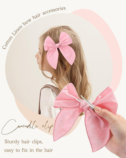 8 Pcs doboi Baby Girls Hair Clips Big Fable Hair Bows Cotton Linen Bows for Girls Hair Accessories for Baby Toddlers Kids-5.5 Inch