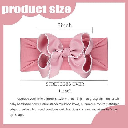 6'' Jumbo Blush Pink Baby Girls Bow Headbands, Handmade Grosgrain Moonstitch Boutique Baby Headwraps, Super Stretchy Soft Nylon Headbands for Newborns, Infants & Toddlers