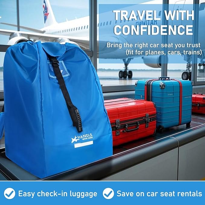 Car Seat Travel Bag for Airplane, Large Waterproof Car Seat Bags Fits Most Infant Car Seats, Convertible Car Seats, Booster Seats, Car Seat Bases, Adjustable Shoulder Strap, Blue