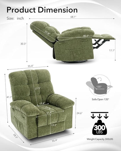 Rocking Recliner Chair,360° Swivel Rocker Chair for Living Room,Upholstered Fabric Glider Nursery Chair with Side Pockets for Small Spaces,Q235 Steel Frame Lazy Boy Recliner Single Sofa(Green)