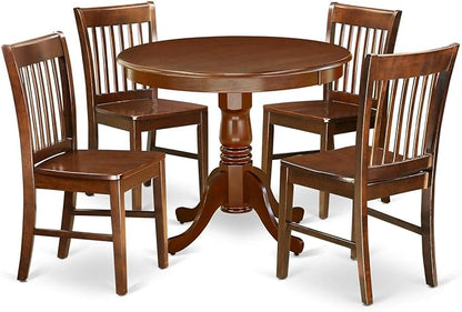 East West Furniture ANNO5-MAH-W 5 Piece Dining Set Includes a Round Dining Room Table with Pedestal and 4 Wood Seat Chairs, 36x36 Inch, Mahogany