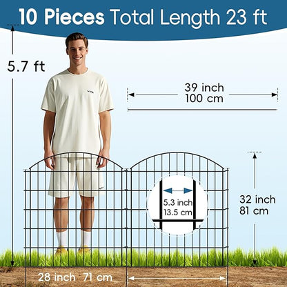 Metal Garden Fence 32 inch H x 28 inch W (10 Panels, Total Length 23 ft) No Need Dig Outdoor Rustproof Animal Barrier Fencing Border Fence for Dog, Patio,Yard, Landscape, Flower Bed