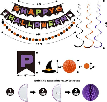 meowtastic Happy Halloween Banner Decorations - Halloween Banner with Honeycomb Ball, Hanging Swirl Streamer, Circle Dot Garland Decorations for theme Party Decorations