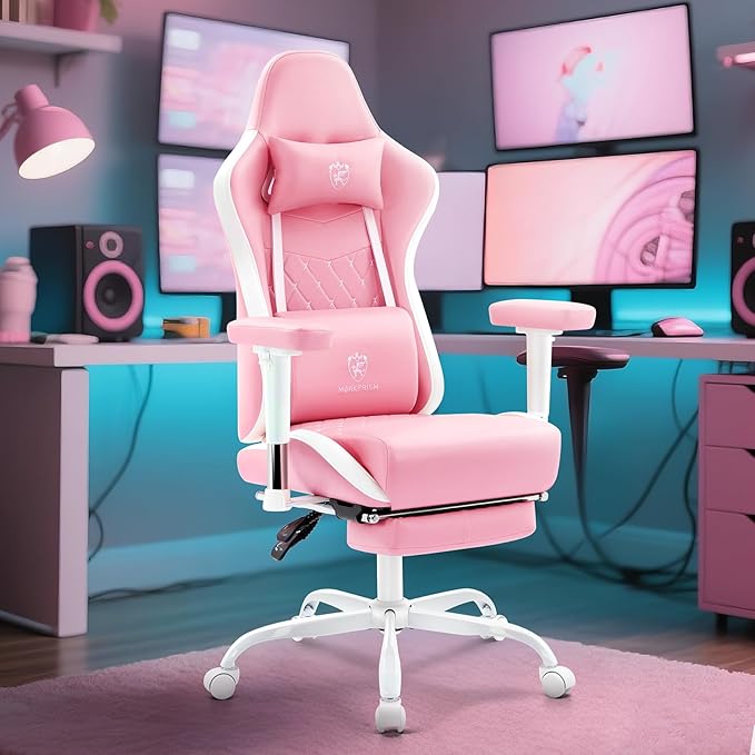 Gaming Chair,Computer Office Chair with Footrest,Massage Lumbar Support and Gel Pad,Ergonomic Reclining Leather Gamer Chair with Headrest,Adjustable Armrests and Spring Cushion Pink