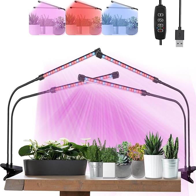 Grow Lights for Indoor Plants, Full Spectrum Plant Growing Lights with Auto On Off 3/9/12H Timer, 9 Level Dimmable, 3 Light Modes Clip on Grow Lamp for Indoor Seed Starting/Succulent, 2 Packs