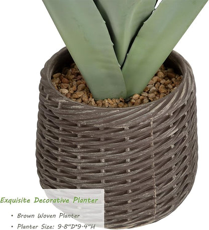 3ft UV Resistant Artificial Agave Plant in Brown Woven Planter,37" Faux Agave Plant Outdoor with Lifelike Leaves and Flowers for Front Porch Patio Living Room Pool Indoor & Outdoor Decor