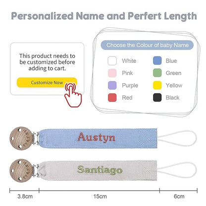 TYRY.HU Personalized Pacifier Clip with Name, Embroidery Webbing Pacifier Holder for Baby Girls and Boys, Neutral Pacifier Leash Universally Fit All Pacifiers, 2 Pack Baby Gift(Grey, Blue)