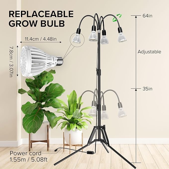 SANSI Grow Lights for Indoor Plants, 128W Full Spectrum Plant Lights for Indoor Growing, 35-64 inches Detachable Tripod Standing Grow Light with High PPFD No Dimmable 4 Pack of Par25 32W Bulb