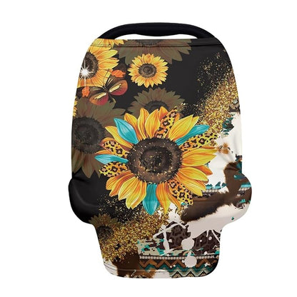 Wanyint Sunflower Cow Print Car Seat Covers Canopy Covers for Babies,Added Privacy for Breastfeeding,Baby Car Seat,Breathable Nursing Cover for Carrier Stroller