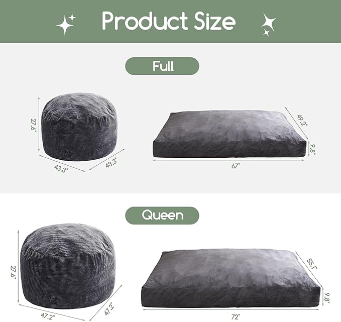 HIGOGOGO Giant Bean Bag Chair Bed for Adults,Convertible Beanbag Folds from Lazy Chair to Floor Mattress Bed,Large Floor Sofa Couch for Adult,Couples,Family,High-Density Foam Filling, Machine Washable