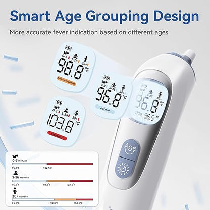 Berrcom Ear Thermometer with Heated Tip & Age Precision, Fever Alarm with Mute & Night Light, Includes 21 Probe Covers & Storage Box, Accurate Digital Ear Thermometer for Adults, Kids and Babies