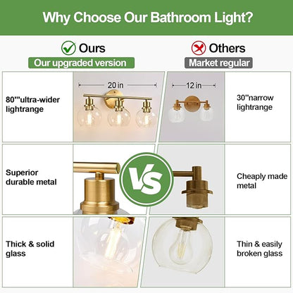 Indoi 3-Light Bathroom Light Fixtures, Brushed Gold Modern Vanity Lights Over Mirror with Clear Glass Globe Shade, Bathroom Wall Sconces for Mirror Kitchen Living Room Hallway Cabinet Bedroom Porch