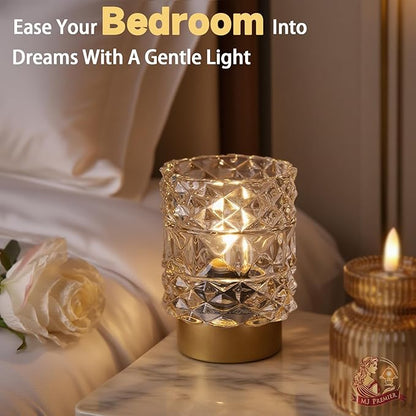 MJ PREMIER Battery Operated Lamp with Timer, Cordless Table Lamps for Shelf Decor, Rhombus Texture Aesthetic Crystal Lamp, Small Decorative Lamps for Bedroom/Bathroom/Kitchen/Entryway/Dorm (Clear)