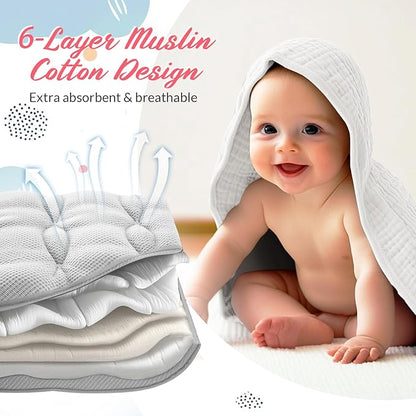 Hahafelt 6 Pcs Muslin Hooded Bath Towels Washcloths and Bibs Set, Muslin Cotton Baby Towels Absorbent Hooded Blanket Towel Infant Bibs for Boys Girls Newborn Infant Essential(White, Light Gray)