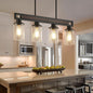 Farmhouse Dining Room Light Fixture, 4-Light Wood Kitchen Island Lighting for Dining Room Over Table, Black Adjustable Pendant Light with Seeded Glass Shades, Linear Chandeliers Lighting for Kitchen