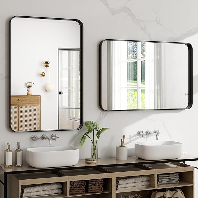30"x22" Black Bathroom Mirror - Modern Mirror for Wall with Rounded Corners，Bathroom Mirrors for Vanity, Aluminum Alloy Framed Mirror Portrait or Landscape Hang, Rectangle Mirrors for Bedroom