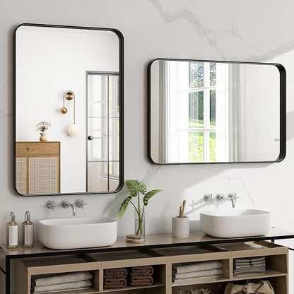 30"x22" Black Bathroom Mirror - Modern Mirror for Wall with Rounded Corners，Bathroom Mirrors for Vanity, Aluminum Alloy Framed Mirror Portrait or Landscape Hang, Rectangle Mirrors for Bedroom