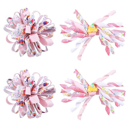 4pcs Happy Birthday Korker Hair Bow Clips for Baby Toddler Girls Ages 1-6, Pink Confetti Sprinkle Curly Ribbon Hairpins Alligator Barrettes,Kids Ice Cream Party Dress Accessory Gift