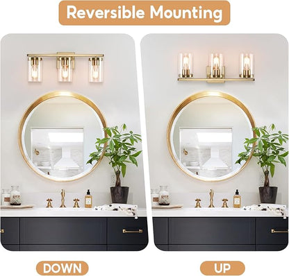 20in Bathroom Light Fixture Over Mirror, 3-Light Gold Vanity Lights with Clear Glass Shades, Modern Wall Sconces for Living Room, Bedroom, Hallway, E26 Base