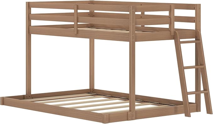 Grain & Grove Bear Twin Over Full Bunk Bed, Low Bunk Bed Frame for Kids, Bunk with Ladder, Guardrail, and Slats, No Box Spring Required, Oak Embossed Pecan