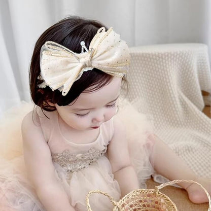 Baby Girls Hairband White Bow Lace Headbands Handmade Soft Stretchy Bowknot Hairbands Newborn Headband with Bows Pearls Elastic Head Band for Newborn Infant(Beige Crown Bow)