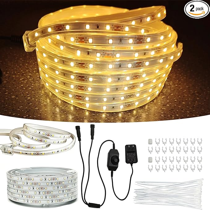 2Pack 50ft LED Rope Lights Outdoor Waterproof, 12V Dimmable Strip Light, Flexible LED Rope Lighting 3000K for Bedroom, Living Room, Backyard, Indoor Outdoor Decor