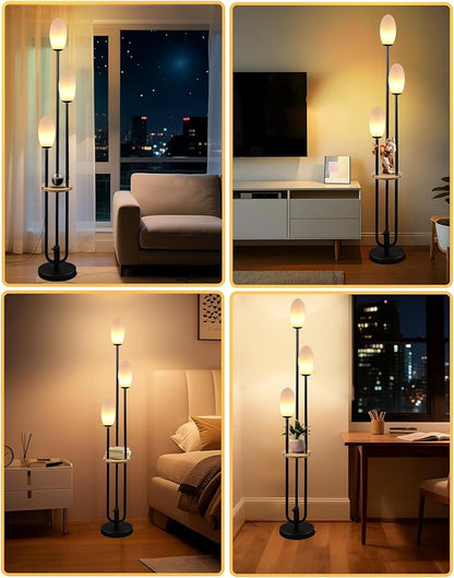 Black Dimmable Floor Lamp with Table, Unique Tall Standing Lamps with 3000K G9 Bulbs for Reading, Mid Century Modern Floor Lamp with 5Lbs Heavy Base for Living Room Bedroom Office