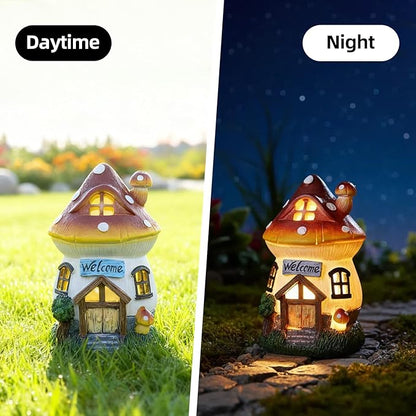Garden Outdoor Figurines Statue with Solar Lights,Solar Mushroom House Decorations for Yard Outdoor Garden, Patio Yard Lawn, Gifts for Girls Birthday Housewarming Mother's Day (Mushroom House)