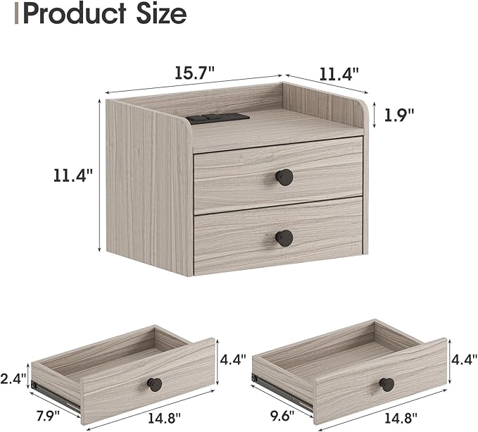 Floating Nightstand Set of 2 with 2 Storage Drawers and Charging Station Wood Wall Mounted Bedside End Table Modern Night Stands Set 2 for Bedroom,Small Space,Grey Black