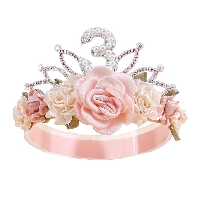 cherrboll Flower Headband Birthday Crown for Girl, Floral Nylon Hairband for 1-3 Years Old Toddler, 3rd Birthday Party Dress Photo Decoration Hair Accessory
