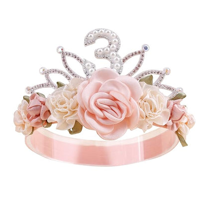 cherrboll Flower Headband Birthday Crown for Girl, Floral Nylon Hairband for 1-3 Years Old Toddler, 3rd Birthday Party Dress Photo Decoration Hair Accessory
