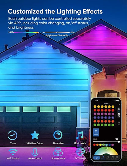 Permanent Outdoor Lights 100ft,RGBW Eaves Light with 72 LED Lights,111+ Scenes Modes Outdoor Lighting, Waterproof Permanent Light for Daily Holiday Halloween Decorations, Compatible with Alexa,Black