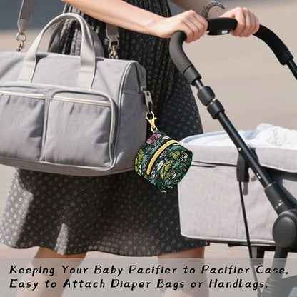 Pacifier Holder with Clip Pacifier Case for Diaper Bag Round Baby Pacifier Pouch Box Bag Portable Dark Green Turtles and Cute Flowers