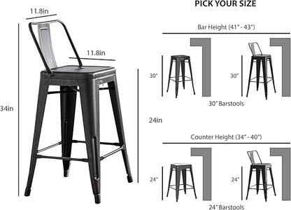 AC Pacific 24” Metal Barstool Set of 4 – Country Rustic Style with Low Back, Lightweight & Sturdy Build, Easy Assembly – Distressed Black