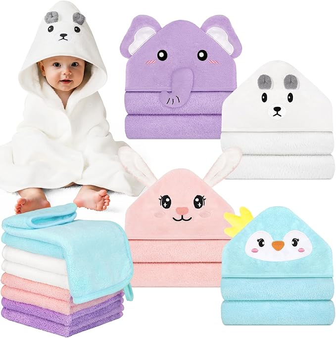 CandyHome 12 PCS Baby Bath Towels Set for Infants Toddlers, 4 PCS Animal Hooded Baby Towels & 8 PCS Washcloths Set, Ultra Absorbent Soft Cute Newborn Bath Essentials Gifts for Boys & Girls