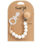 White-Sweet Jill Pacifier Clip Made with Silicone Beads and Secured with Wood Clip. 1 Piece Design. BPA-Free. Chewable. 9" Long. Keeps Pacifiers and teethers securely Fastened.