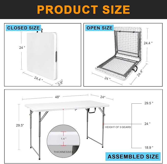 2-PCS 48" W x 24" D x 29.5" H - 4FT White Folding Table Heavy Duty Portable, Plastic Folding Utility Folding Table for Camping, Picnics & Parties