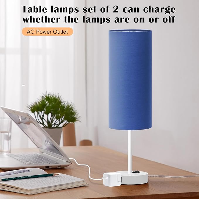 ZJOJO Table Lamp for Bedroom 2 Pack,18in Bedside Lamps with 3 Way Dimmable Rocker Switch & AC Outlet,Nightstand Desk Lamp with Blue Fabric Shade White Base for Living Room Home Decor Lights