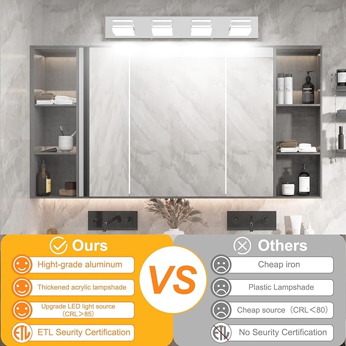 Ralbay Modern Chrome Vanity Light for Bathroom 4-Light 30inch Acrylic Modern LED Bathroom Wall Lighting Fixtures Over Mirror